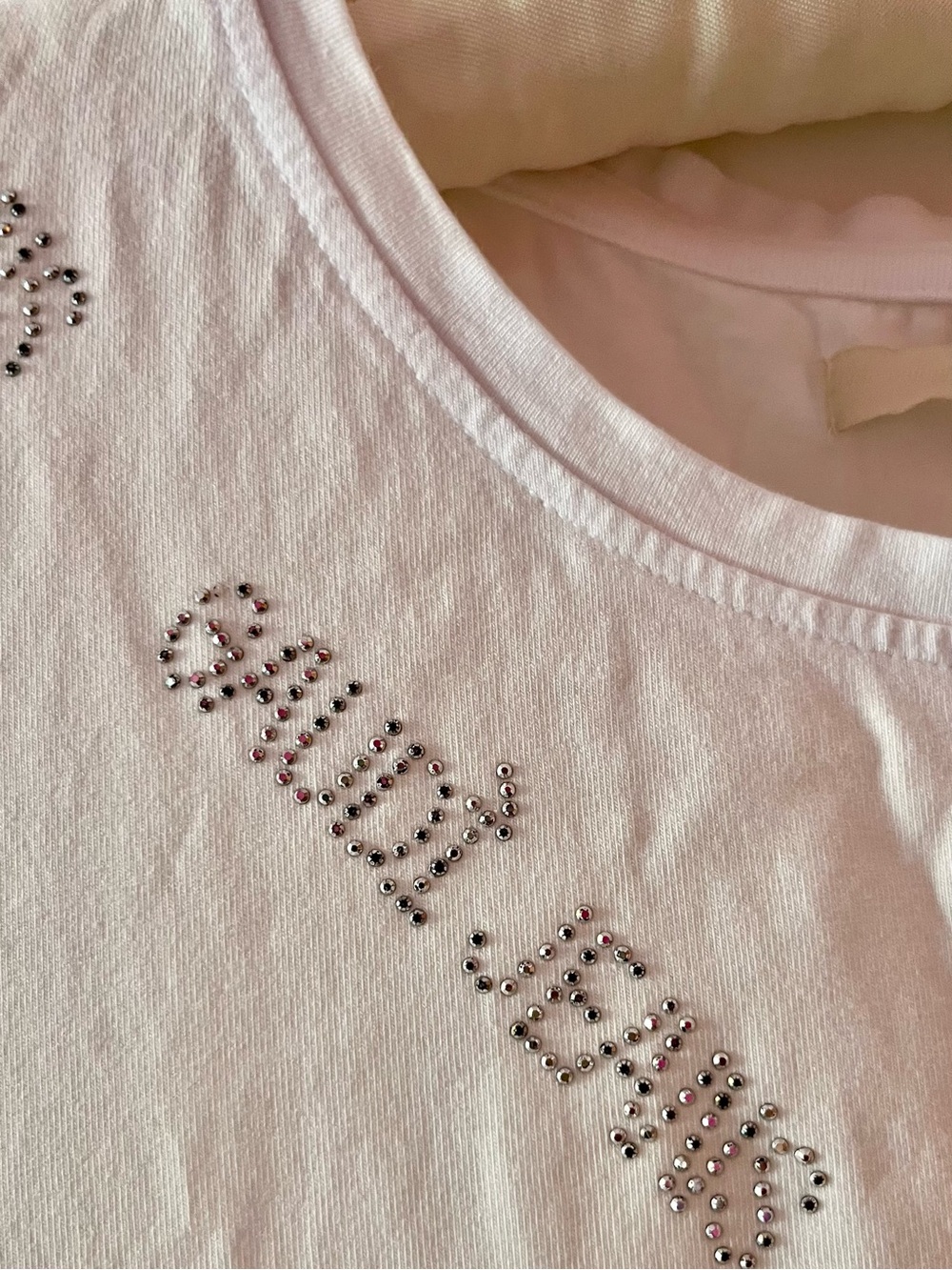 Gaudì Jeans Embellished White Short Sleeve Logo Tee with Silver Beading Italian